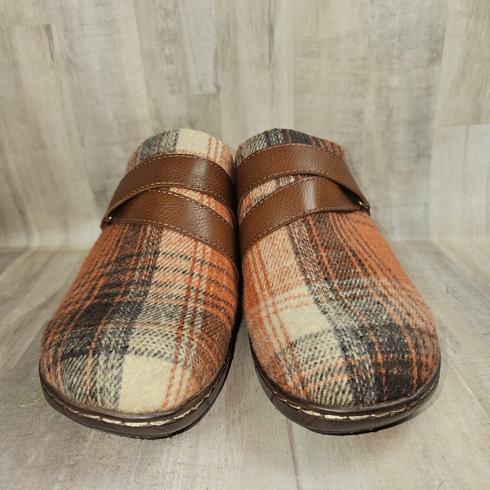 b.o.c. Plaid Faux Shearling Clogs Orange Brown Mules Womens 10M - Picture 9 of 9